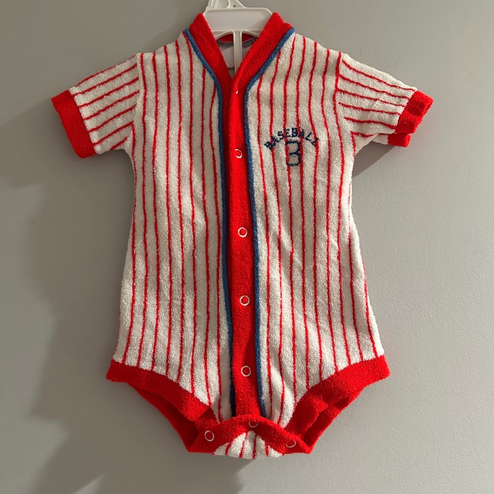 Vintage Babygro Baseball‎ Terry Cloth Romper Outfit Red White Blue 6 Months